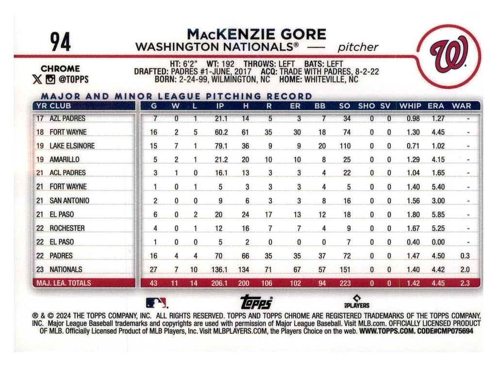 2024 Topps Chrome #94 MacKenzie Gore Raywave Refractor