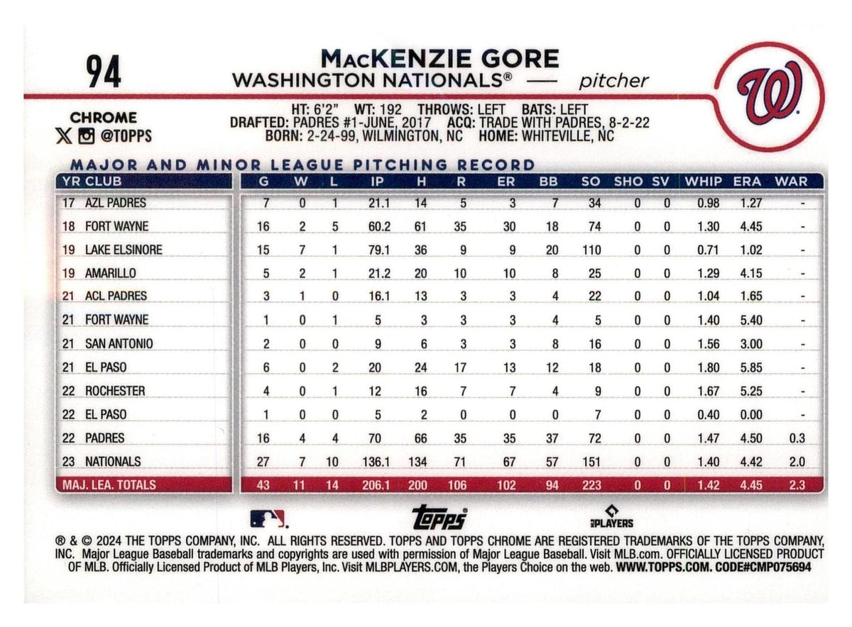 2024 Topps Chrome #94 MacKenzie Gore Raywave Refractor
