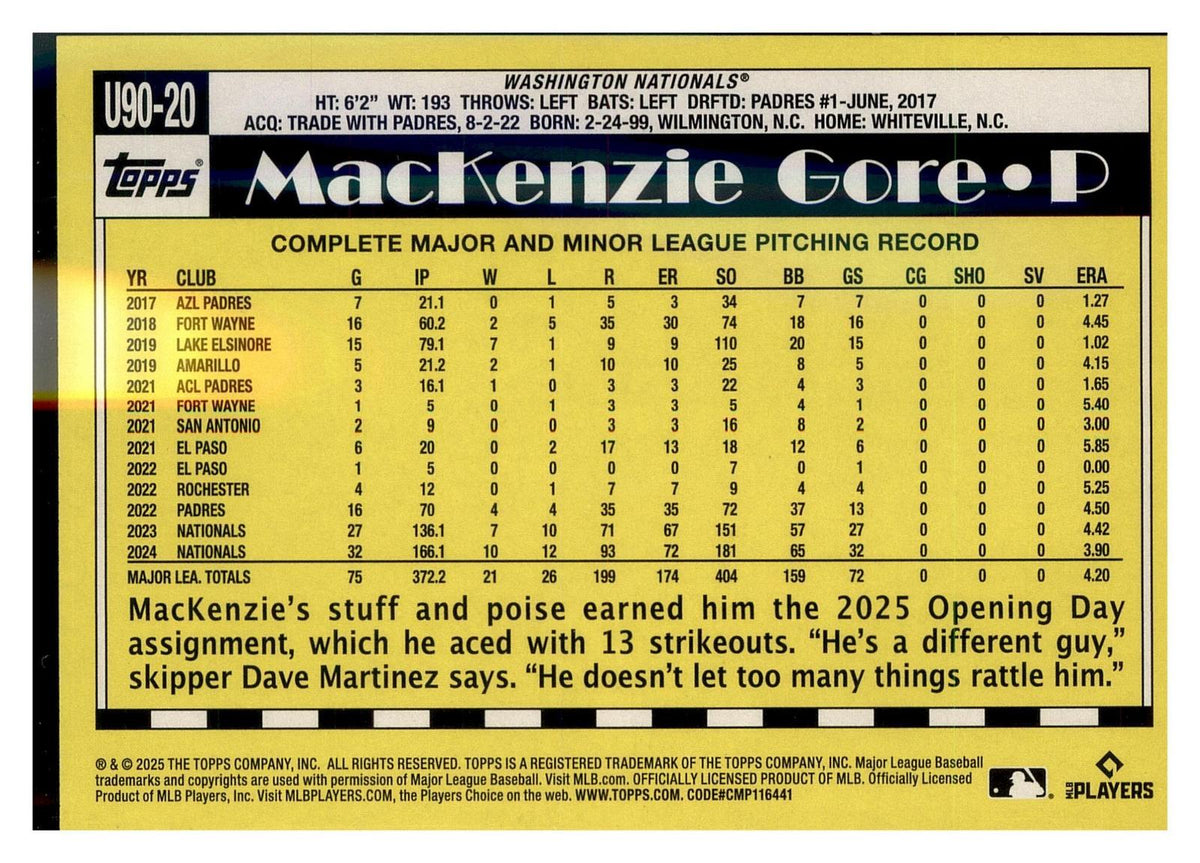 2025 Topps Update #U90-20 MacKenzie Gore 1990 Topps Baseball 35th Anniversary