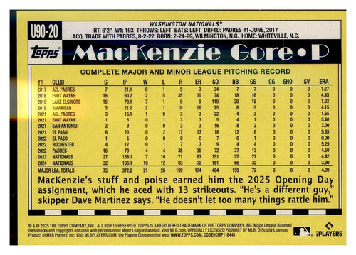 2025 Topps Update #U90-20 MacKenzie Gore 1990 Topps Baseball 35th Anniversary
