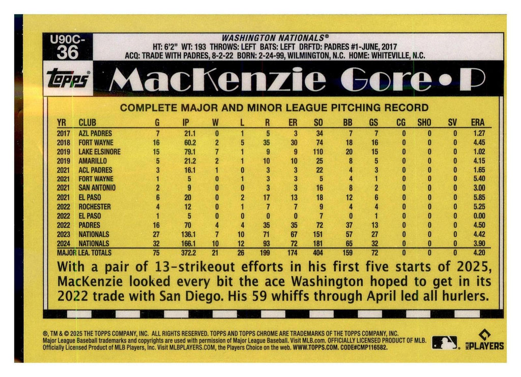 2025 Topps Update #U90C-36 MacKenzie Gore 1990 35th Anniversary Chrome