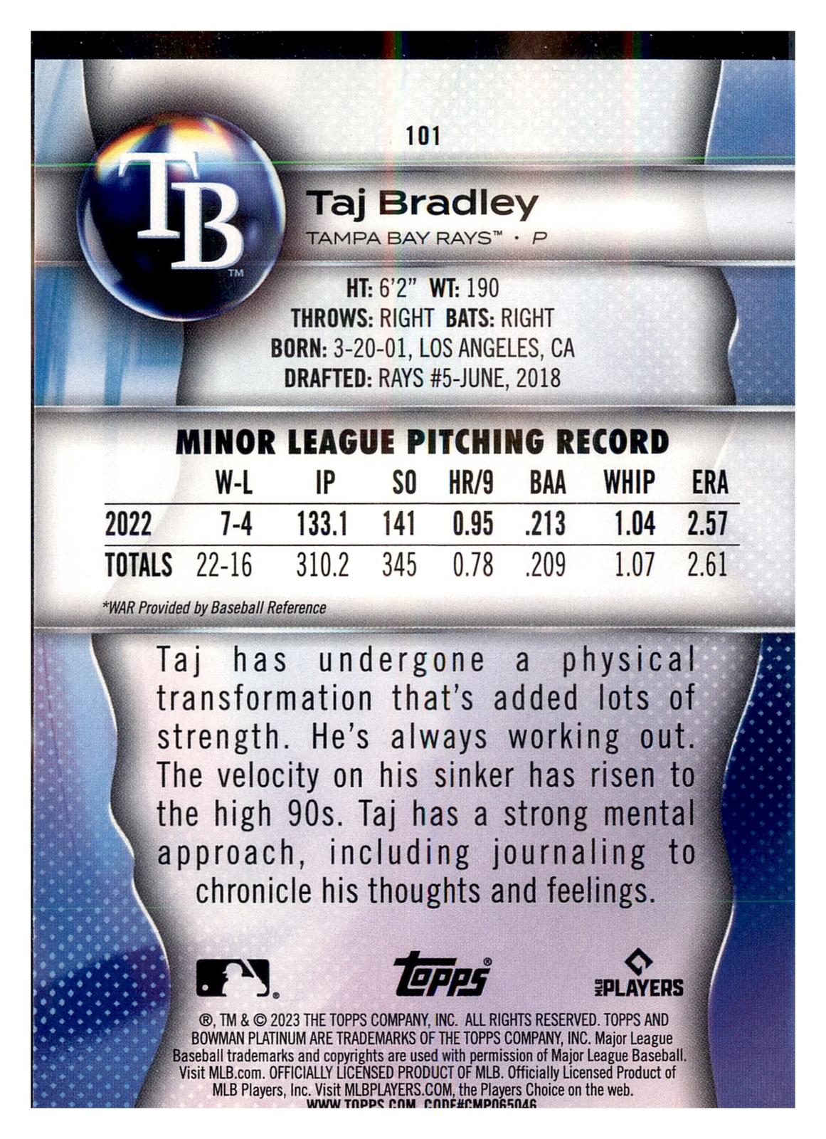 2023 Bowman Platinum #101 Taj Bradley RC
