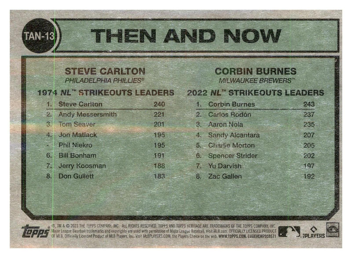 2023 Topps Heritage #TAN-13 Steve Carlton / Corbin Burnes Then and Now