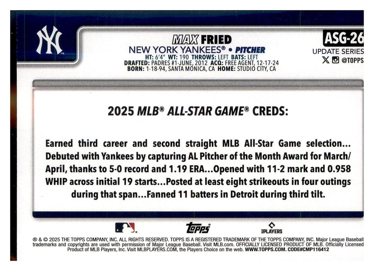 2025 Topps Update #ASG-26 Max Fried 2025 All-Star Game