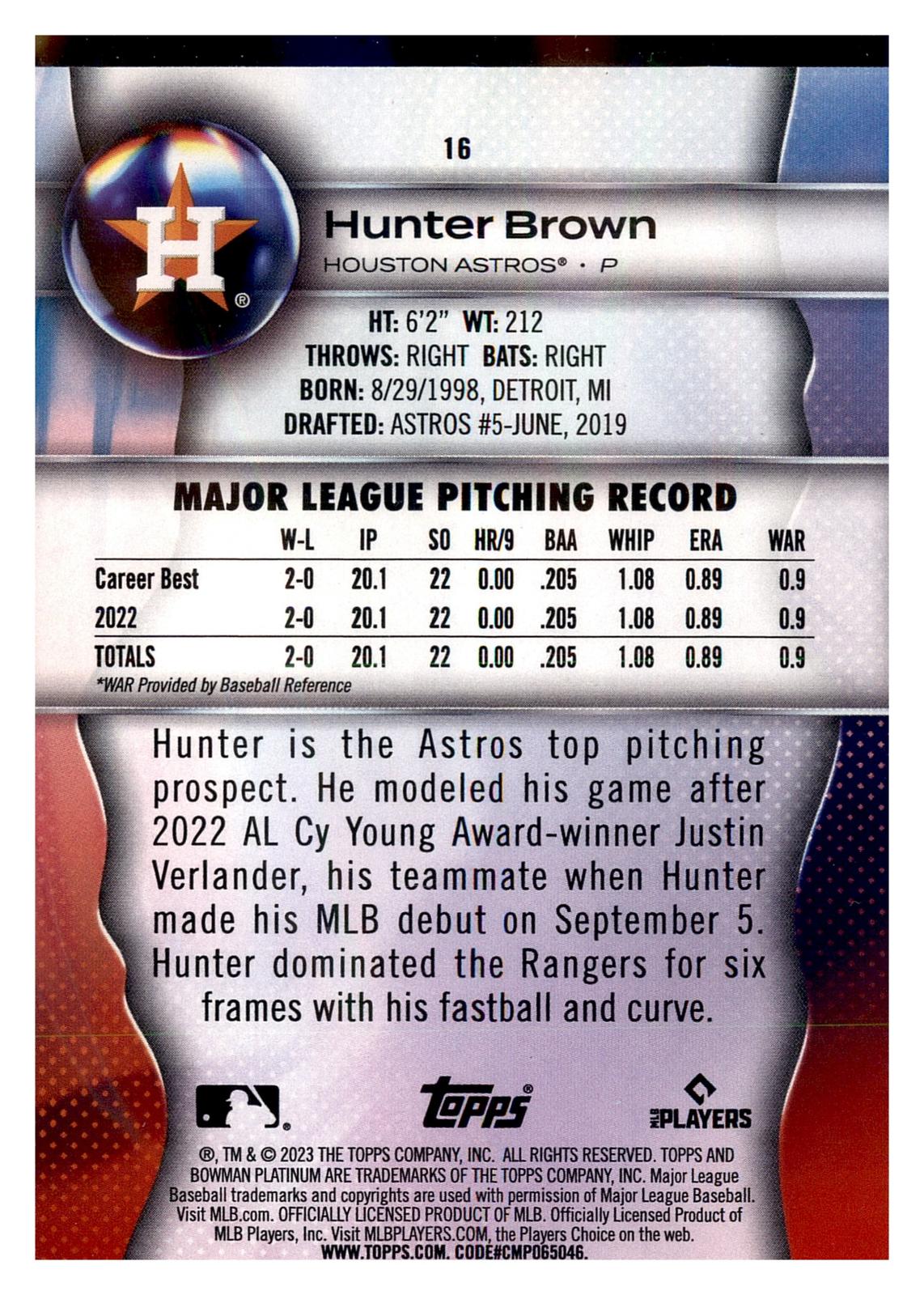 2023 Bowman Platinum #16 Hunter Brown RC