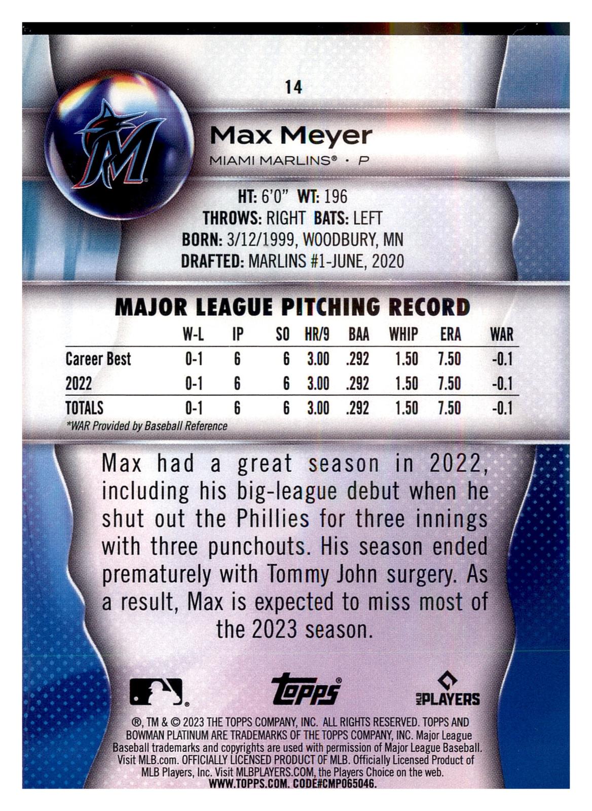 2023 Bowman Platinum #14 Max Meyer RC