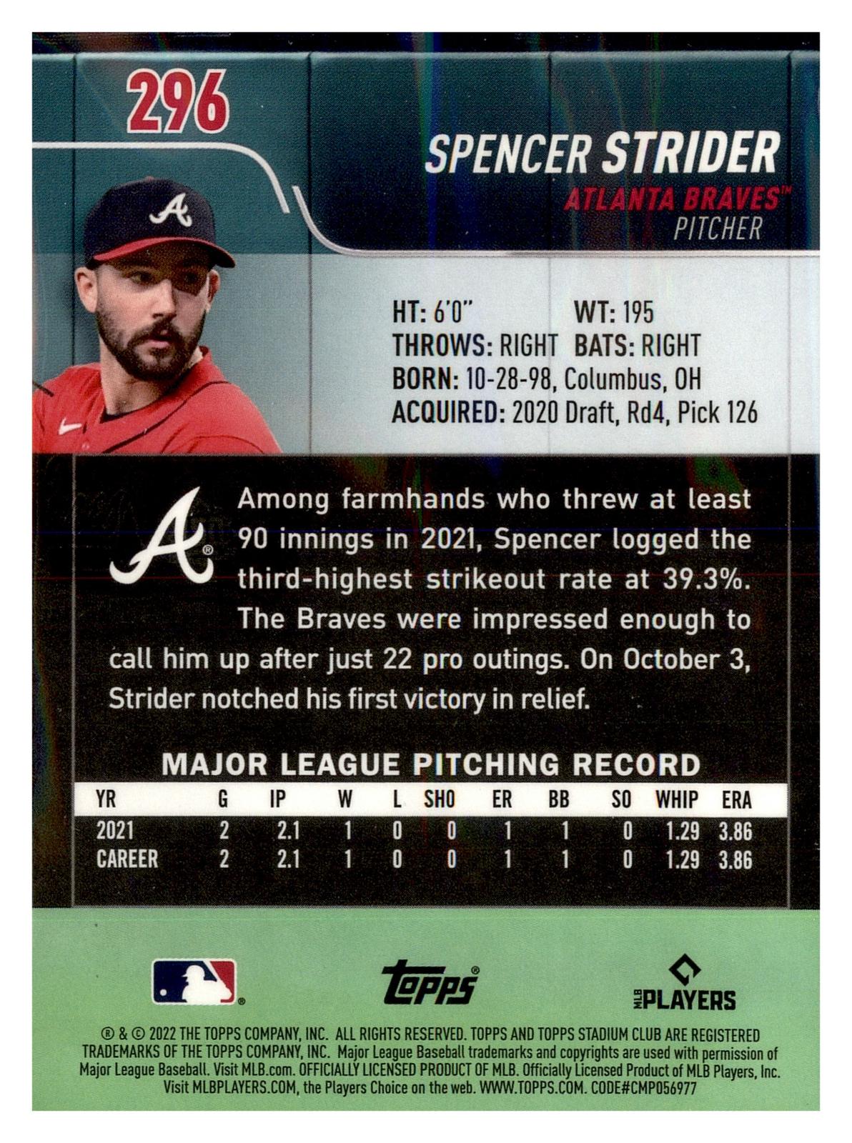 2022 Stadium Club Chrome #296 Spencer Strider RC