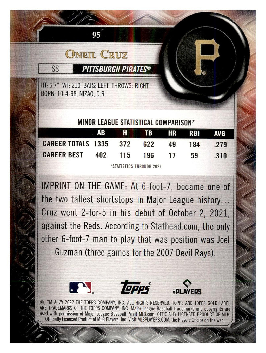 2022 Topps Gold Label #95 Oneil Cruz