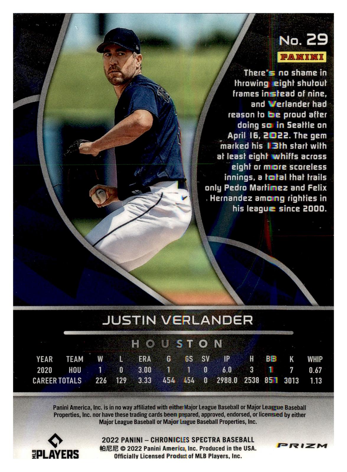 2022 Panini Chronicles #29 Justin Verlander Spectra Holo