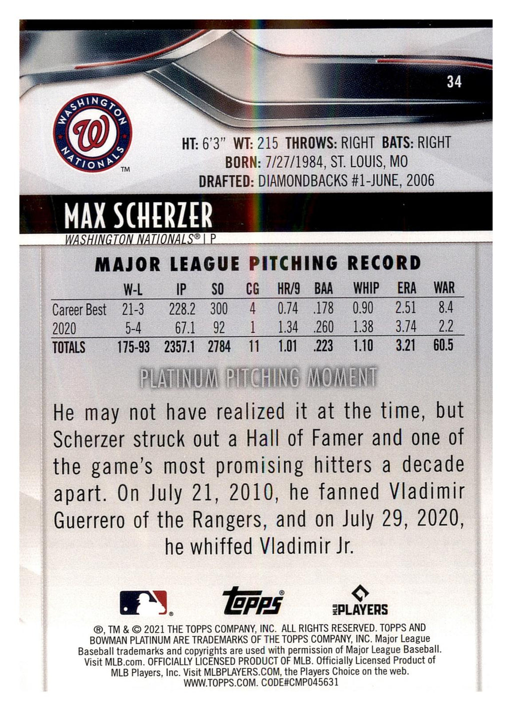 2021 Bowman Platinum #34 Max Scherzer Ice Foil