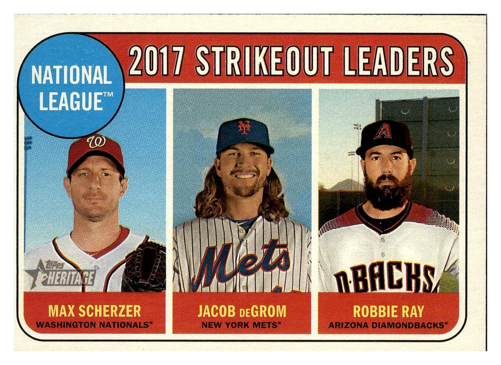 2018 Topps Heritage #12 2017 NL K Leaders (Scherzer/deGrom/Ray)