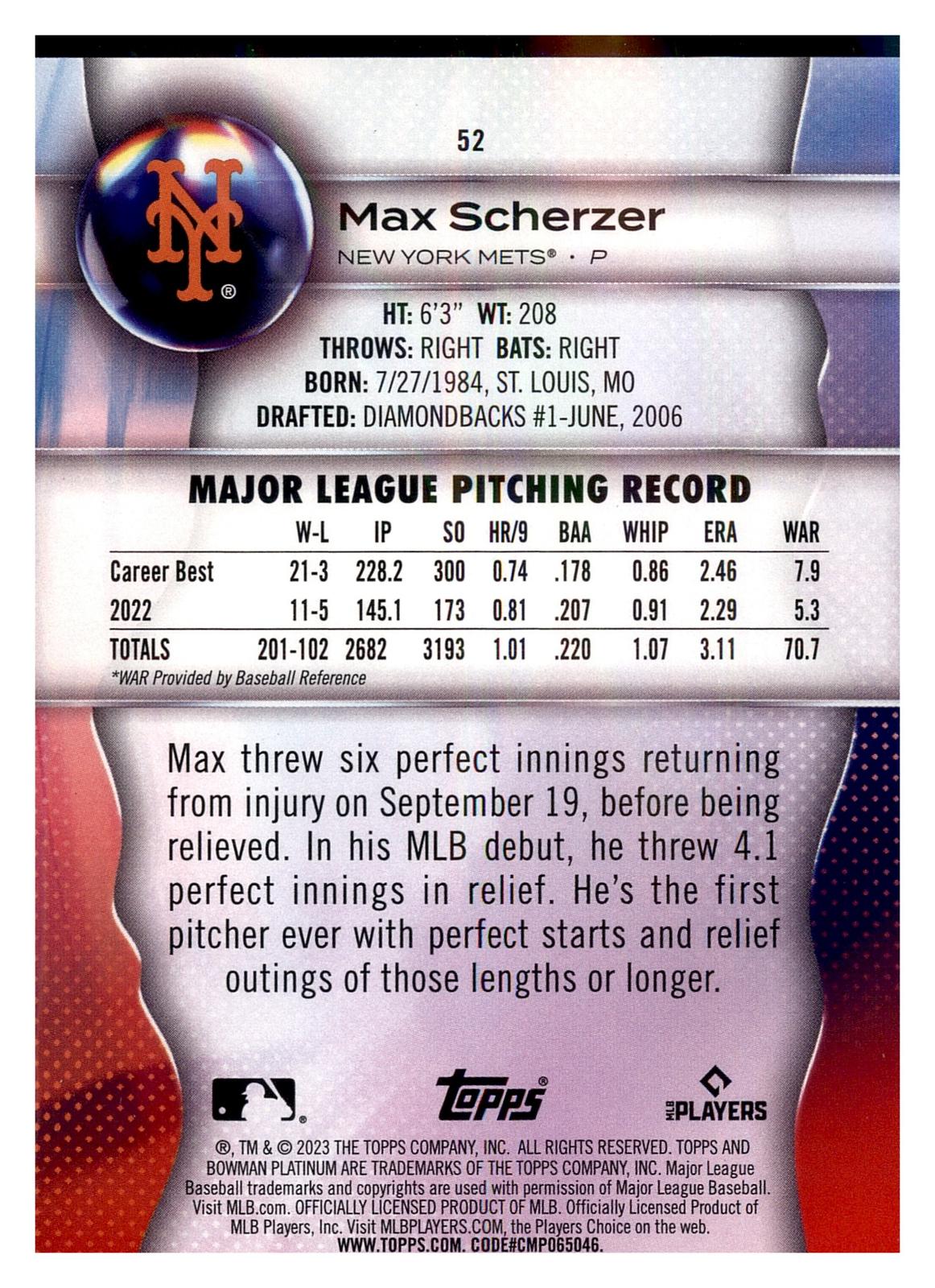 2023 Bowman Platinum #52 Max Scherzer